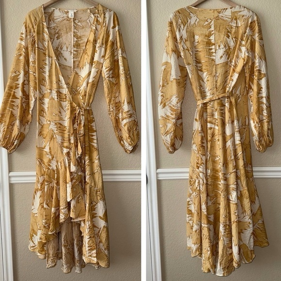 H&M Dresses & Skirts - H&M High Low Midi Wrap Dress Yellow Ivory Artsy Abstract Print Size Small